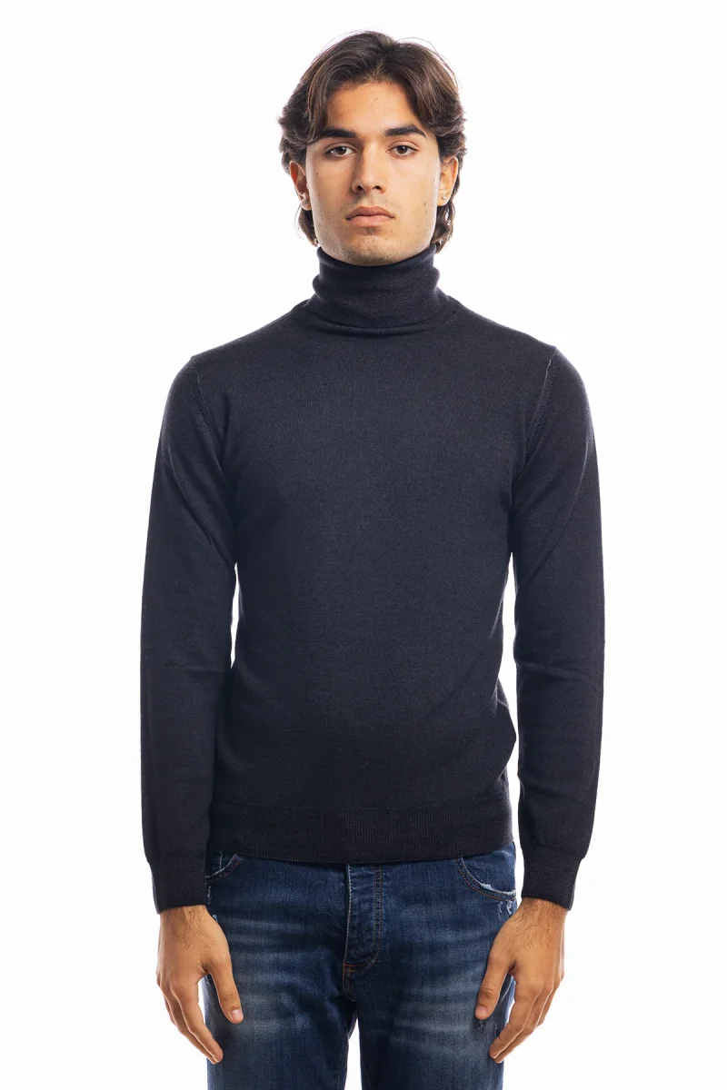 Maglione da uomo collo alto nero in lana merinos 100% effetto stone wash maniche lunghe - immagine 2