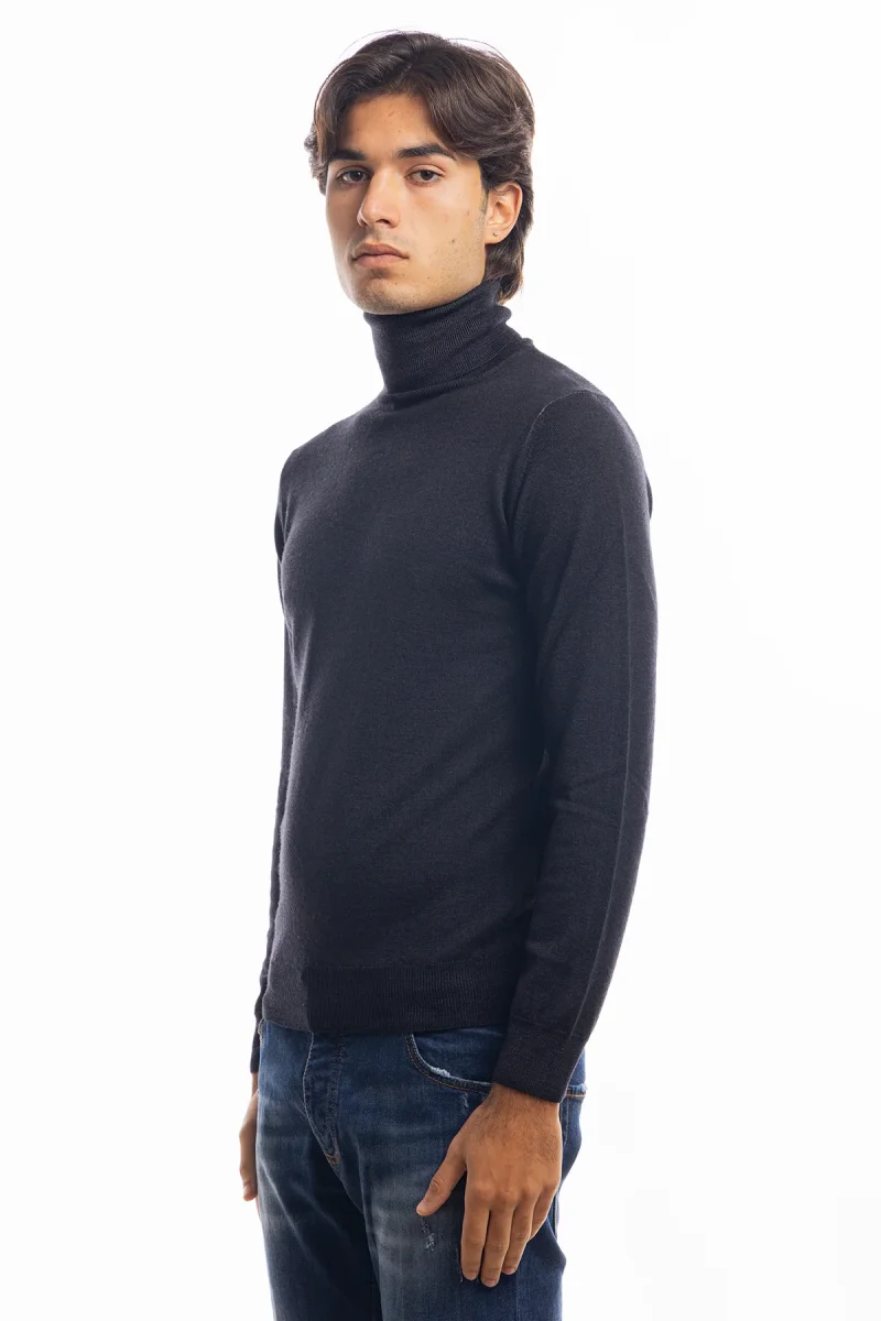 Maglione da uomo collo alto nero in lana merinos 100% effetto stone wash maniche lunghe - immagine 3