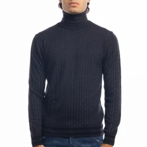 Maglione da uomo collo alto nero in lana merinos 100% effetto stone wash maniche lunghe