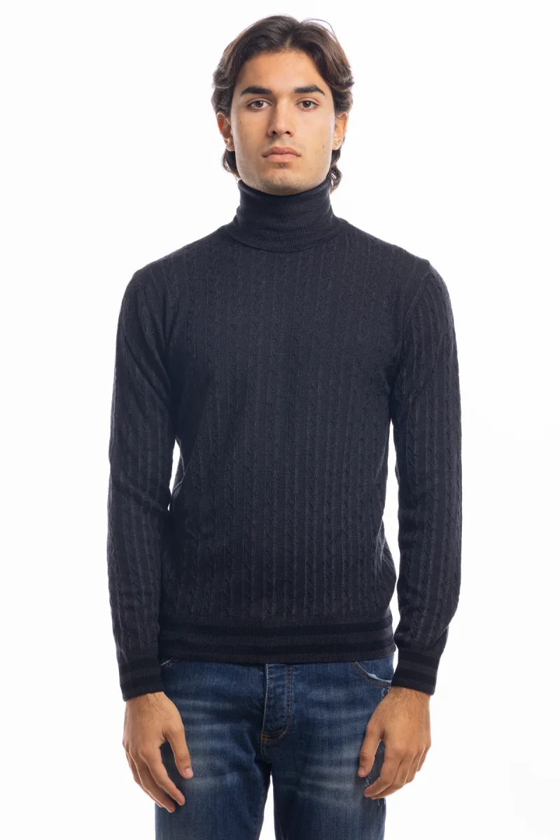 Maglione da uomo collo alto nero in lana merinos 100% effetto stone wash maniche lunghe - immagine 2