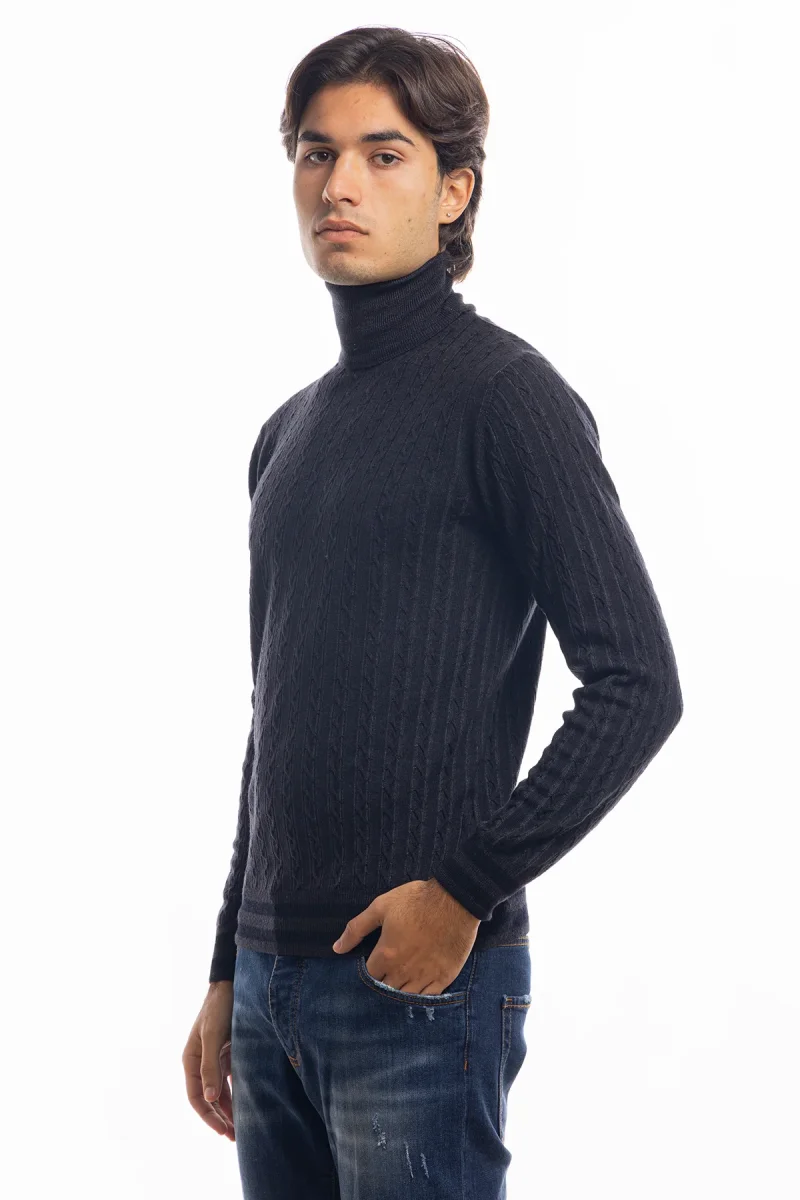 Maglione da uomo collo alto nero in lana merinos 100% effetto stone wash maniche lunghe - immagine 3