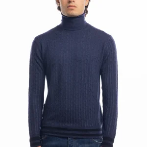 Maglione da uomo collo alto blu in lana merinos 100% effetto stone wash maniche lunghe