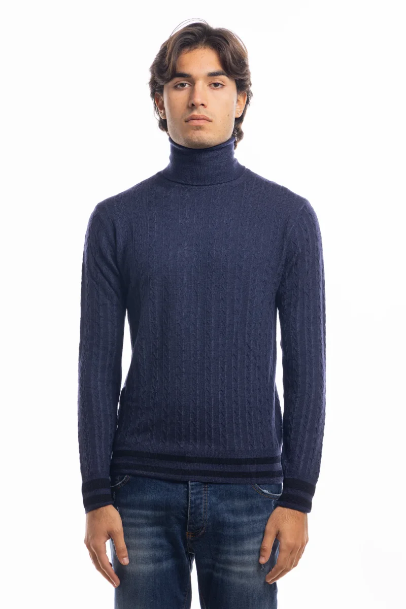 Maglione da uomo collo alto blu in lana merinos 100% effetto stone wash maniche lunghe - immagine 2