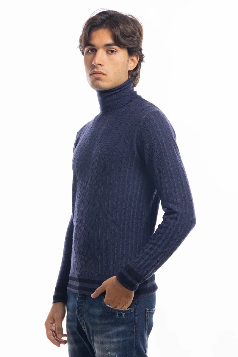 Maglione da uomo collo alto blu in lana merinos 100% effetto stone wash maniche lunghe - immagine 3