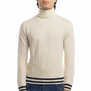 Maglione da uomo collo alto panna in lana merinos 100% effetto stone wash maniche lunghe