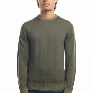 Maglione da uomo girocollo verde militare in lana merinos 100% effetto stone wash maniche lunghe