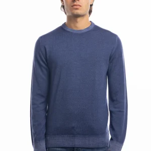 Maglione da uomo girocollo color denim in lana merinos 100% effetto stone wash maniche lunghe