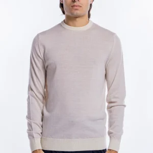 Maglione da uomo girocollo panna in lana merinos 100% effetto stone wash maniche lunghe