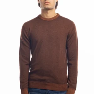 Maglione da uomo girocollo marrone in lana merinos 100% effetto stone wash maniche lunghe