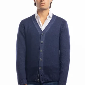 Cardigan da uomo blu lana merinos 100% effetto stone wash maniche lunghe