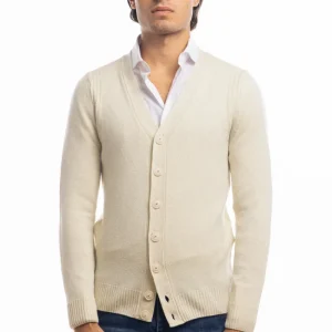 Cardigan da uomo panna lana merinos 100% effetto stone wash maniche lunghe