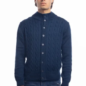 Cardigan da uomo blu in lana grossa con trecce effetto stone wash 9 bottoni maniche lunghe