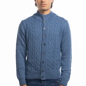 Cardigan da uomo blu denim in lana grossa con trecce effetto stone wash 9 bottoni maniche lunghe