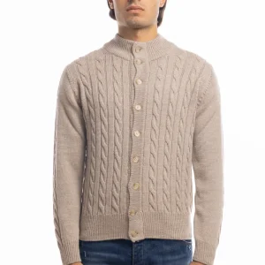Cardigan da uomo beige in lana grossa con trecce effetto stone wash 9 bottoni maniche lunghe