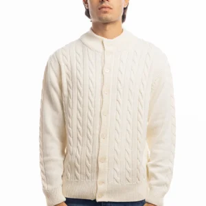 Cardigan da uomo bianco in lana grossa con trecce effetto stone wash 9 bottoni maniche lunghe