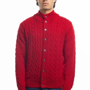 Cardigan da uomo rosso in lana grossa con trecce effetto stone wash 9 bottoni maniche lunghe
