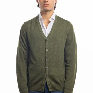 Cardigan da uomo verde militare lana merinos 100% effetto stone wash maniche lunghe