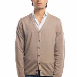 Cardigan da uomo beige lana merinos 100% effetto stone wash maniche lunghe
