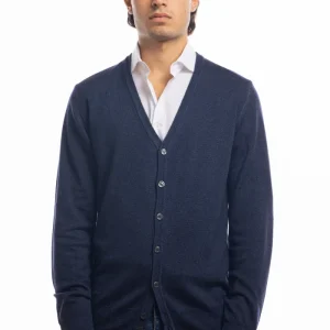 Cardigan da uomo blu marino lana merinos 100% effetto stone wash maniche lunghe