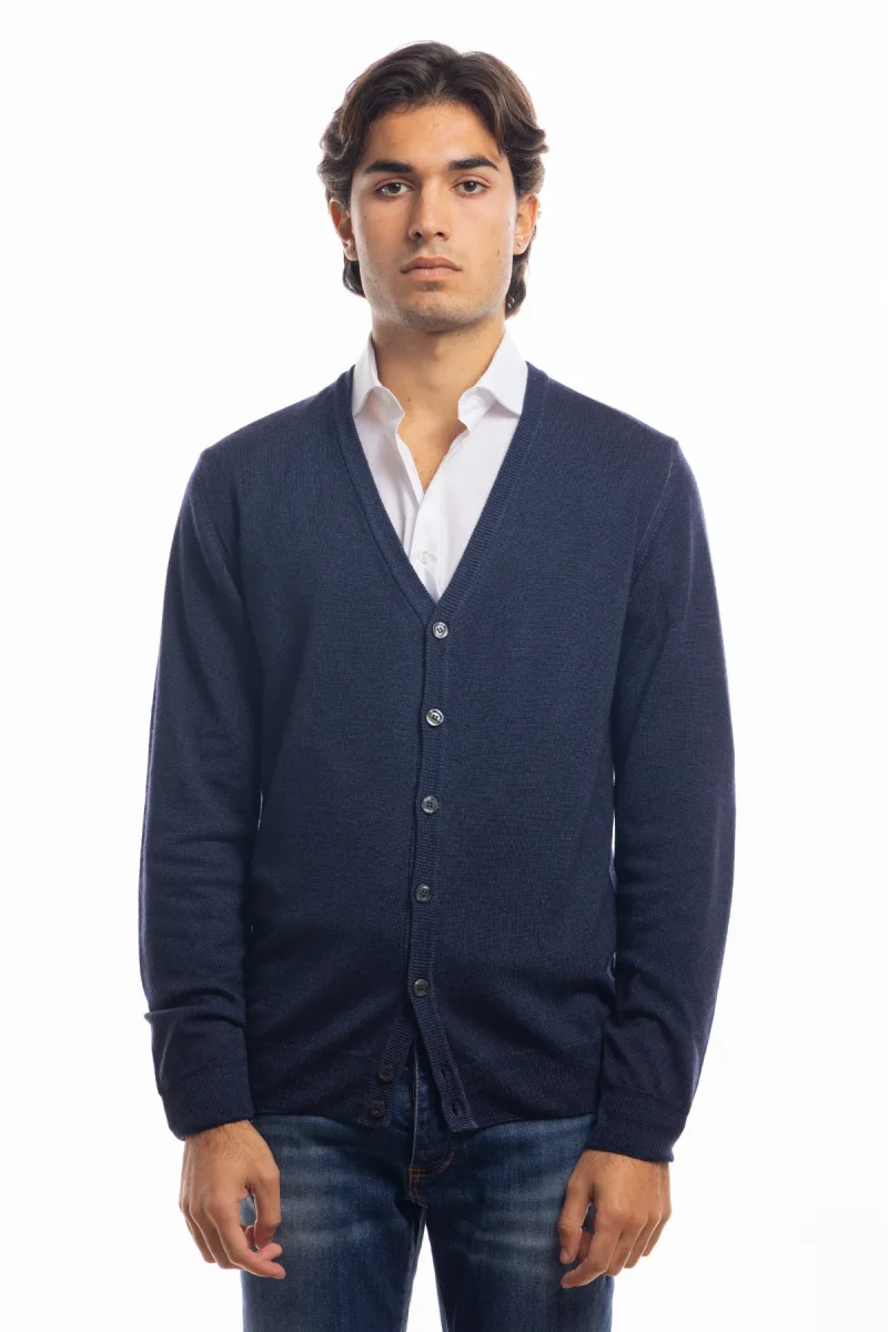 Cardigan da uomo blu marino lana merinos 100% effetto stone wash maniche lunghe