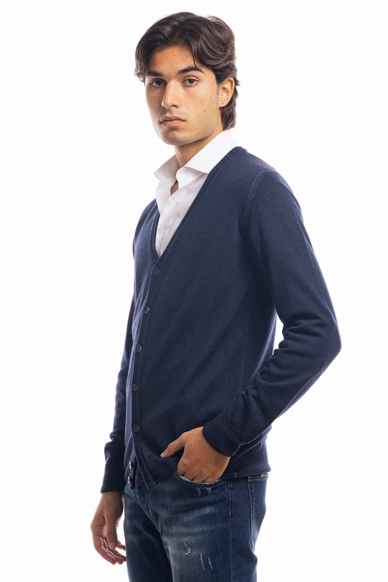 Cardigan da uomo blu marino lana merinos 100% effetto stone wash maniche lunghe - immagine 3