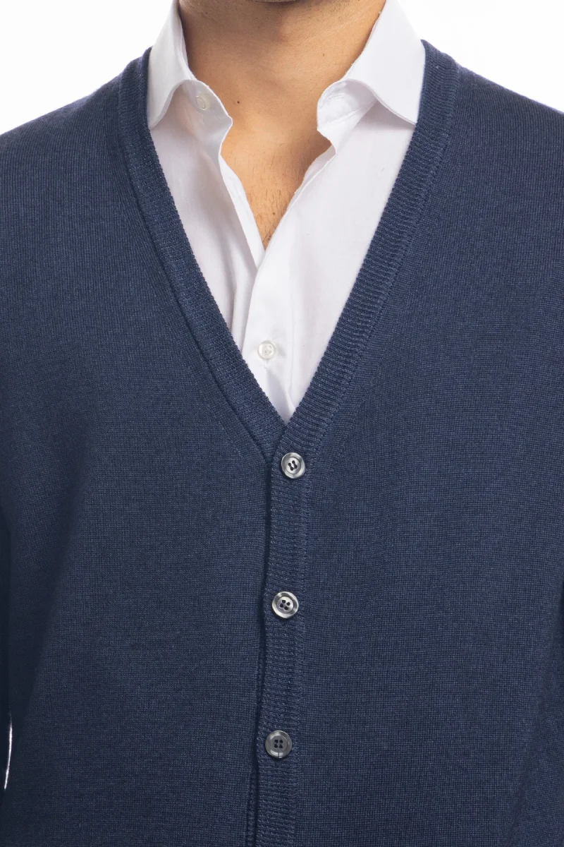 Cardigan da uomo blu marino lana merinos 100% effetto stone wash maniche lunghe - immagine 5