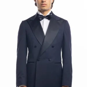 Abito modello smoking doppiopetto blu notte da uomo in fresco lana super 130’s Vitale Barberis Canonico con rever a Lancia largo in raso