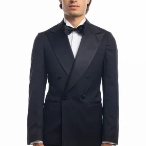 Abito smoking doppiopetto nero da uomo in fresco lana super 130’s Vitale Barberis Canonico con rever a Lancia largo in raso