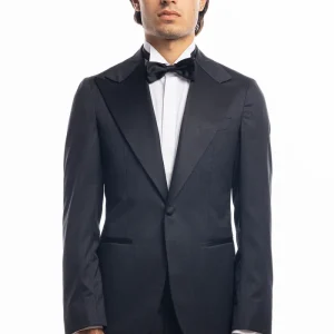 Giacca smoking monopetto grigia da uomo in fresco lana super 130’s Vitale Barberis Canonico con rever a Lancia largo in raso