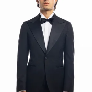 Abito smoking monopetto nero da uomo in fresco lana super 130’s Vitale Barberis Canonico con rever a Lancia largo in raso