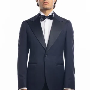 Giacca smoking monopetto blu notte da uomo in fresco lana super 130’s Vitale Barberis Canonico con rever a Lancia largo in raso