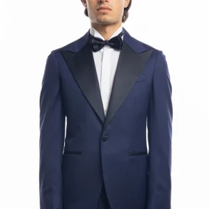 Abito smoking monopetto blu royal da uomo in fresco lana super 130’s Vitale Barberis Canonico con rever a Lancia largo in raso