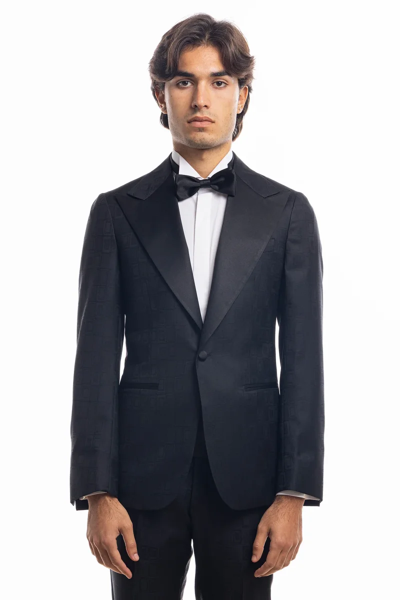 Abito smoking monopetto nera fantasia da uomo in fresco lana 100% Vitale Barberis Canonico con rever a Lancia largo in raso