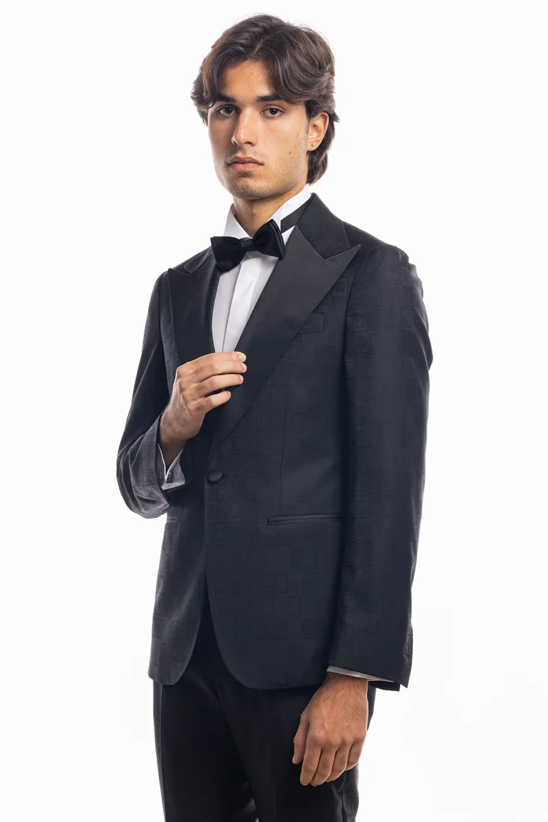 Abito smoking monopetto nera fantasia da uomo in fresco lana 100% Vitale Barberis Canonico con rever a Lancia largo in raso - immagine 4