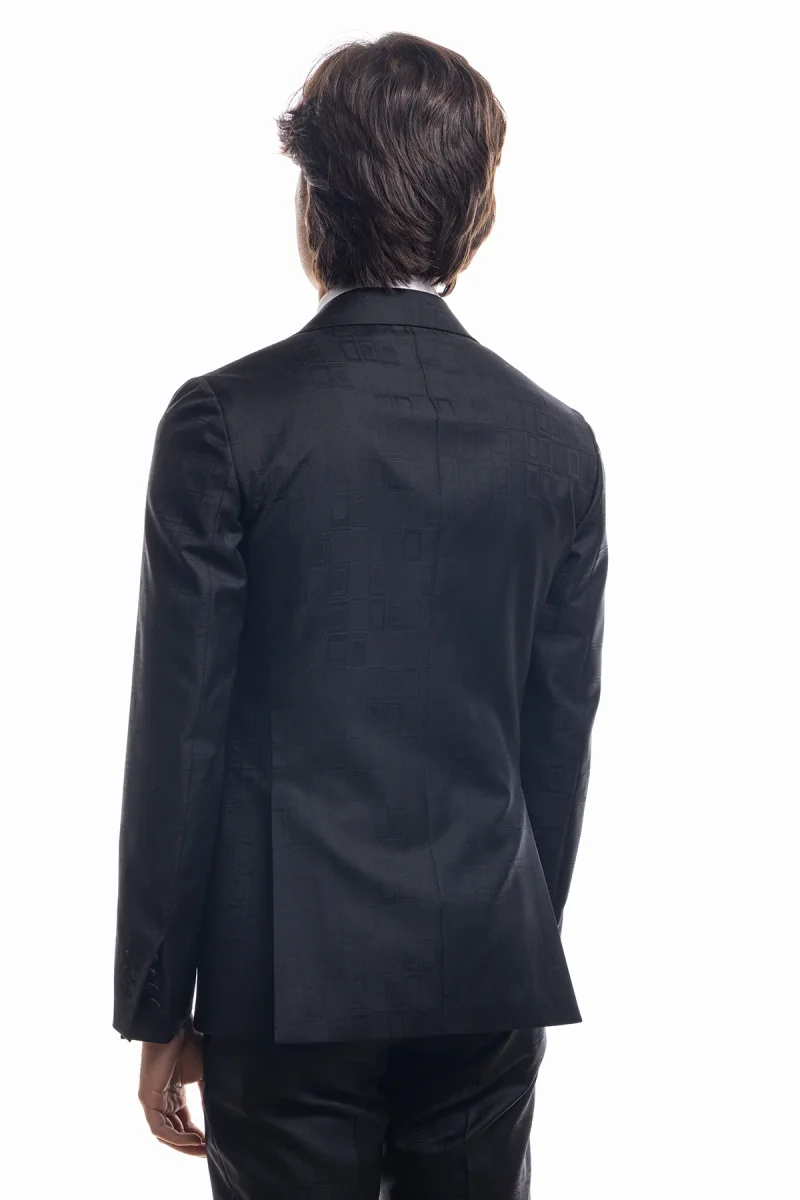 Abito smoking monopetto nera fantasia da uomo in fresco lana 100% Vitale Barberis Canonico con rever a Lancia largo in raso - immagine 5