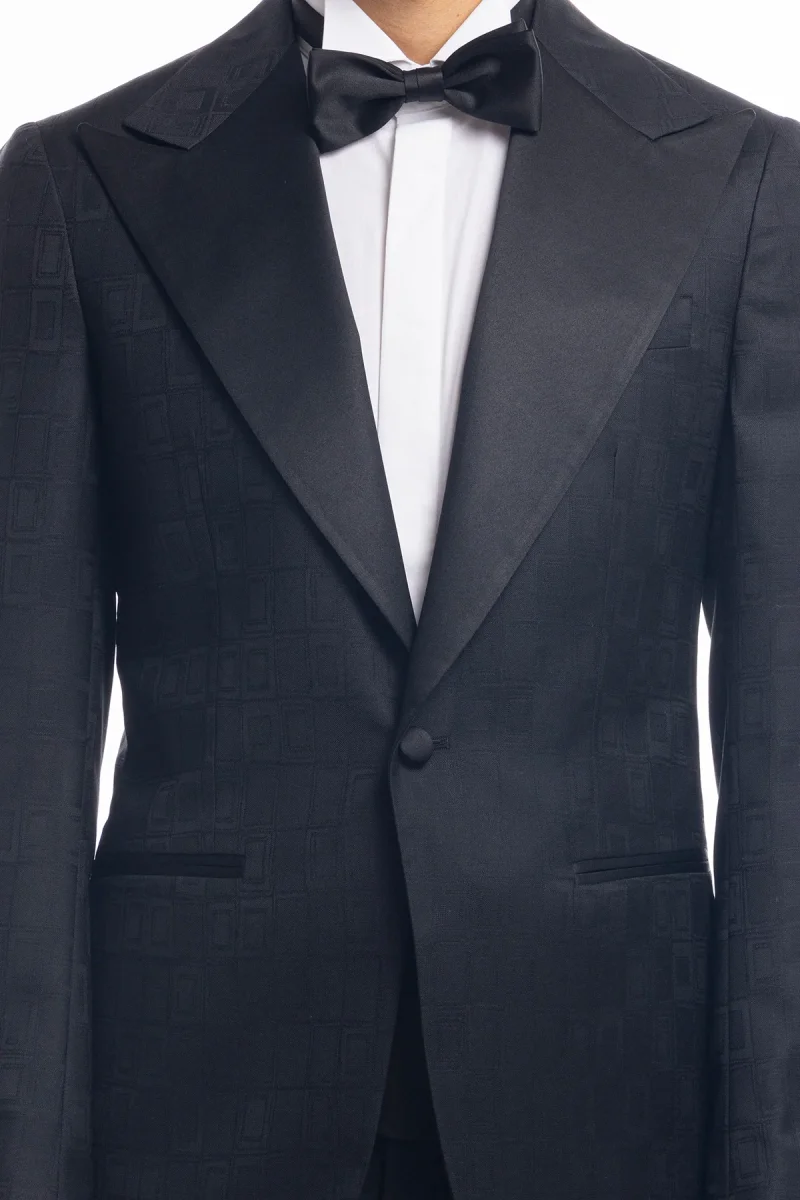 Abito smoking monopetto nera fantasia da uomo in fresco lana 100% Vitale Barberis Canonico con rever a Lancia largo in raso - immagine 6