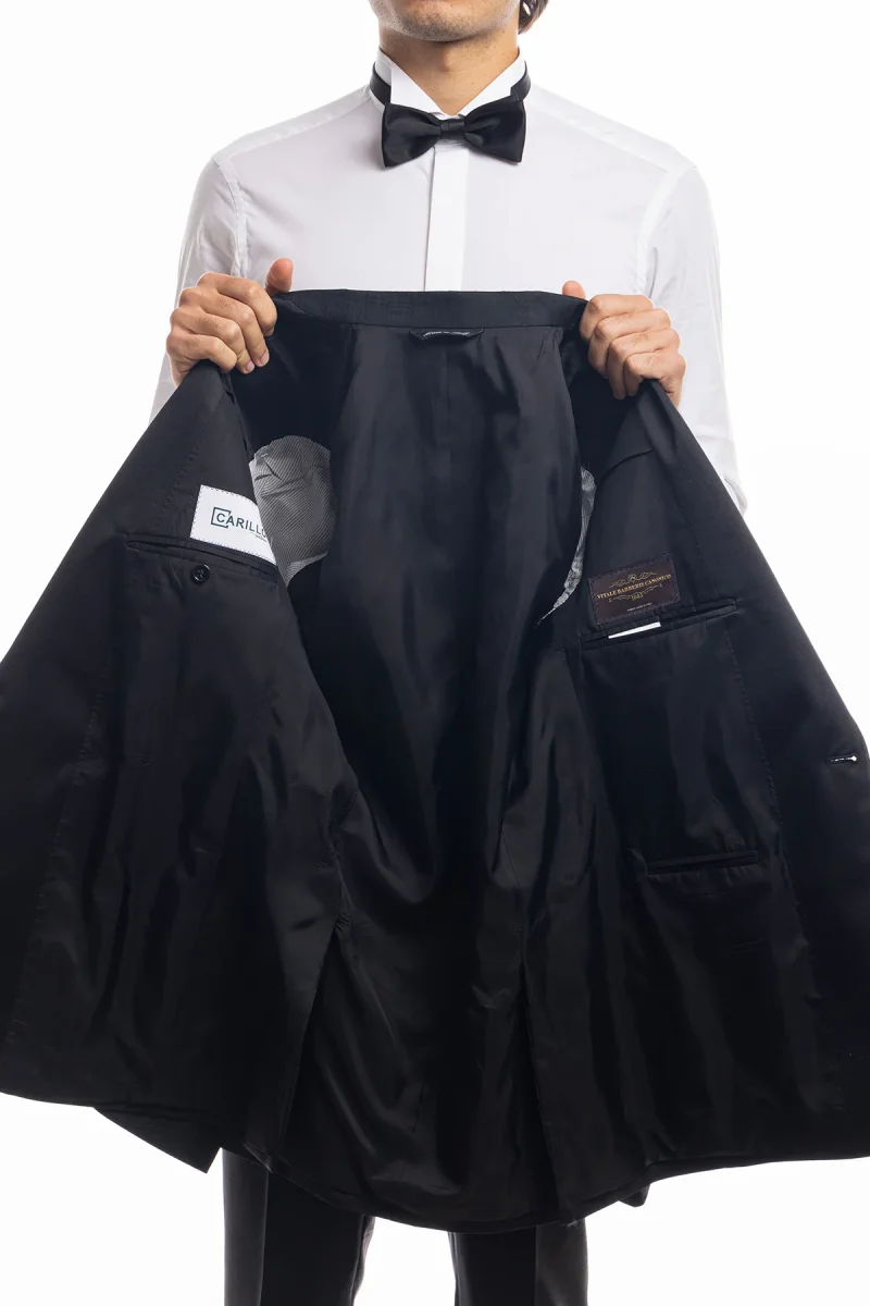 Abito smoking monopetto nera fantasia da uomo in fresco lana 100% Vitale Barberis Canonico con rever a Lancia largo in raso - immagine 7