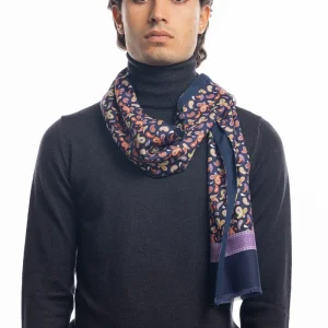 Sciarpa uomo blu fantasia viola reversibile in pura seta e lana fantasia fiori multicolor con frange taglio vivo