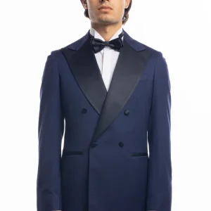 Abito smoking doppiopetto blu royal da uomo in fresco lana super 130’s Vitale Barberis Canonico con rever a Lancia largo in raso con pantalone doppia pinces