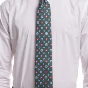 Cravatta uomo verde militare 9cm fantasia fiori multcolor in pura seta cucita a mano