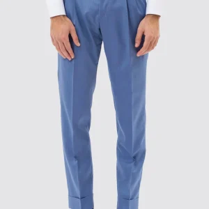 Pantalone uomo Celeste Solaro in fresco lana e seta Holland & Sherry vita alta con pinces fibbie laterali e risvolto 5cm