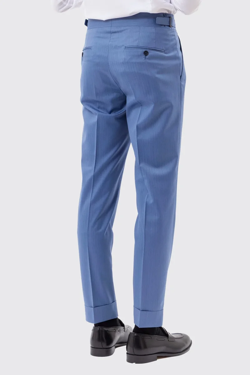 Pantalone uomo Celeste Solaro in fresco lana e seta Holland & Sherry vita alta con pinces fibbie laterali e risvolto 5cm - immagine 5