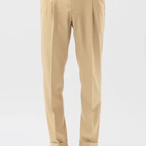 Pantalone uomo beige vita alta doppia pinces in fresco lana super 140’s Holland & Sherry con fibbie laterali e risvolto 5cm