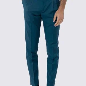 Pantalone uomo verde petrolio in fresco lana super 130’s Bristol tessuti Napoli vita alta doppia pinces fibbie laterali e risvolto 5cm