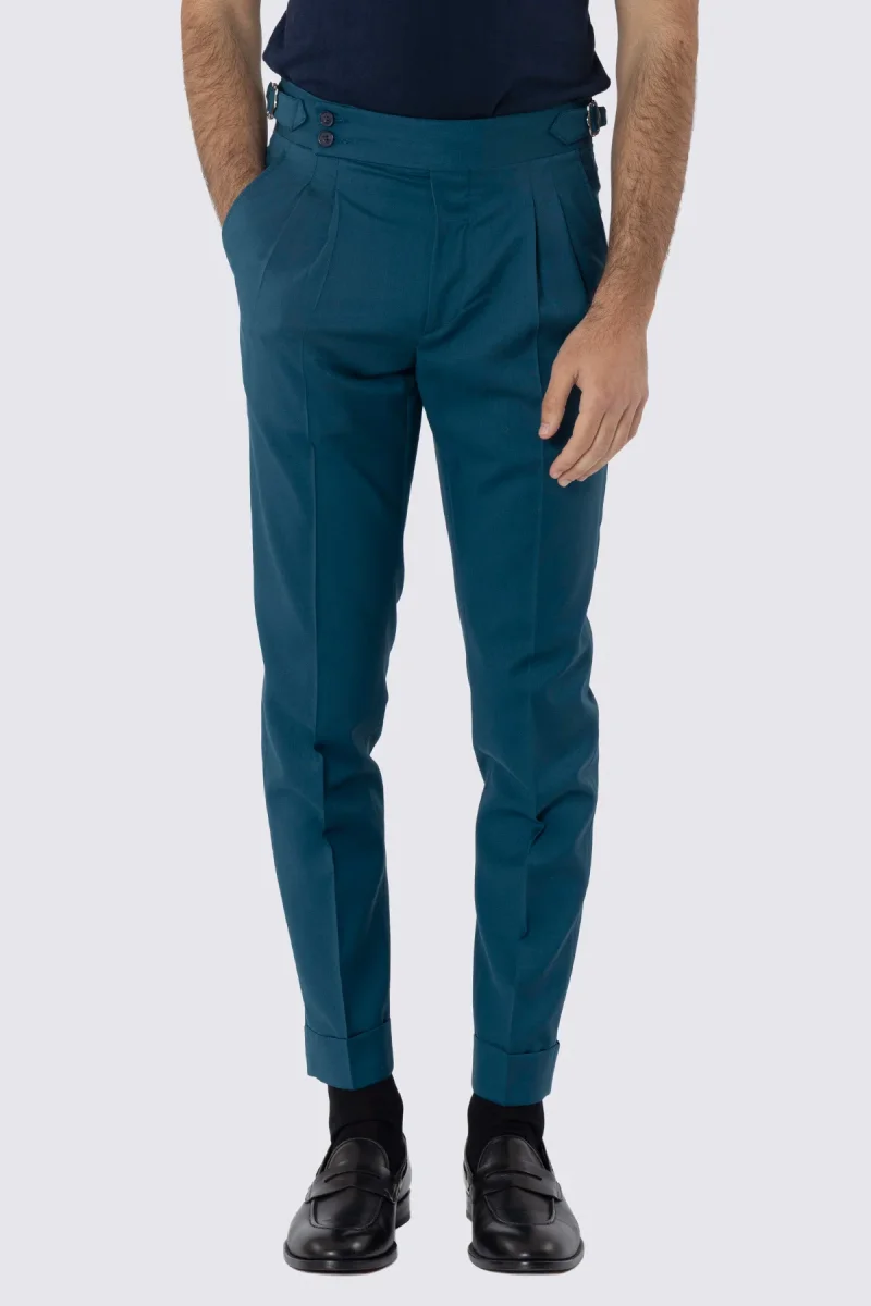 Pantalone uomo verde petrolio in fresco lana super 130’s Bristol tessuti Napoli vita alta doppia pinces fibbie laterali e risvolto 5cm - immagine 2