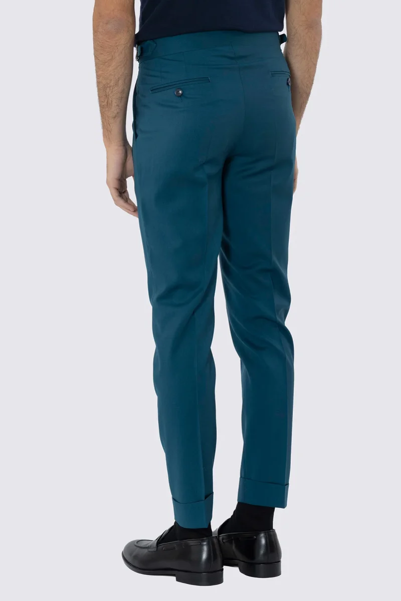 Pantalone uomo verde petrolio in fresco lana super 130’s Bristol tessuti Napoli vita alta doppia pinces fibbie laterali e risvolto 5cm - immagine 5