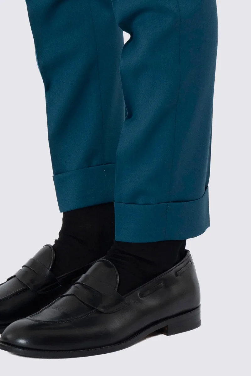 Pantalone uomo verde petrolio in fresco lana super 130’s Bristol tessuti Napoli vita alta doppia pinces fibbie laterali e risvolto 5cm - immagine 6