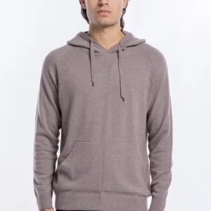 Felpa da uomo beige in lana e cashmere con cappuccio e tasche sul davanti