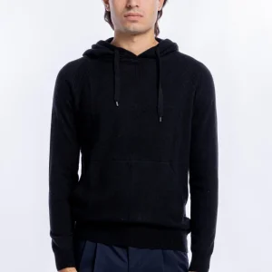 Felpa da uomo nera in lana e cashmere con cappuccio e tasche sul davanti