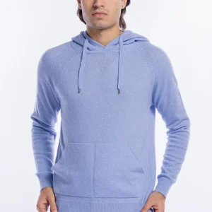Felpa da uomo celeste in lana e cashmere con cappuccio e tasche sul davanti